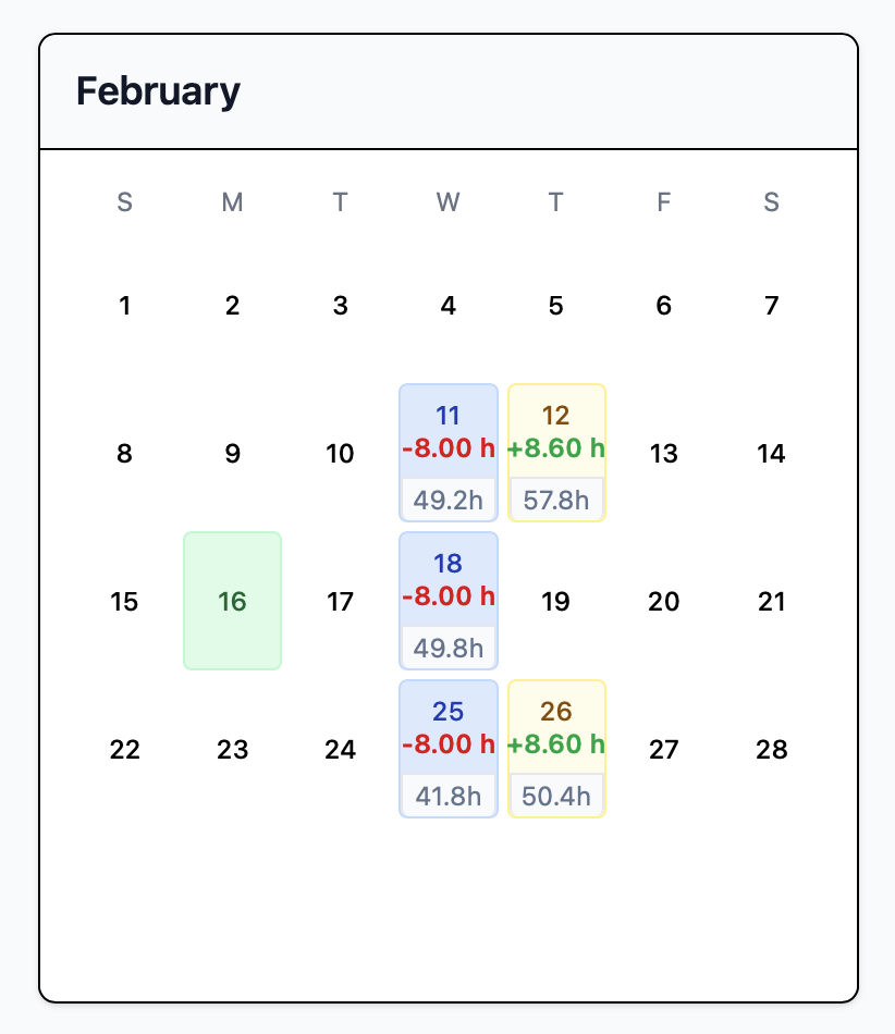 Calendar view showing PTO days, holidays, and running balance