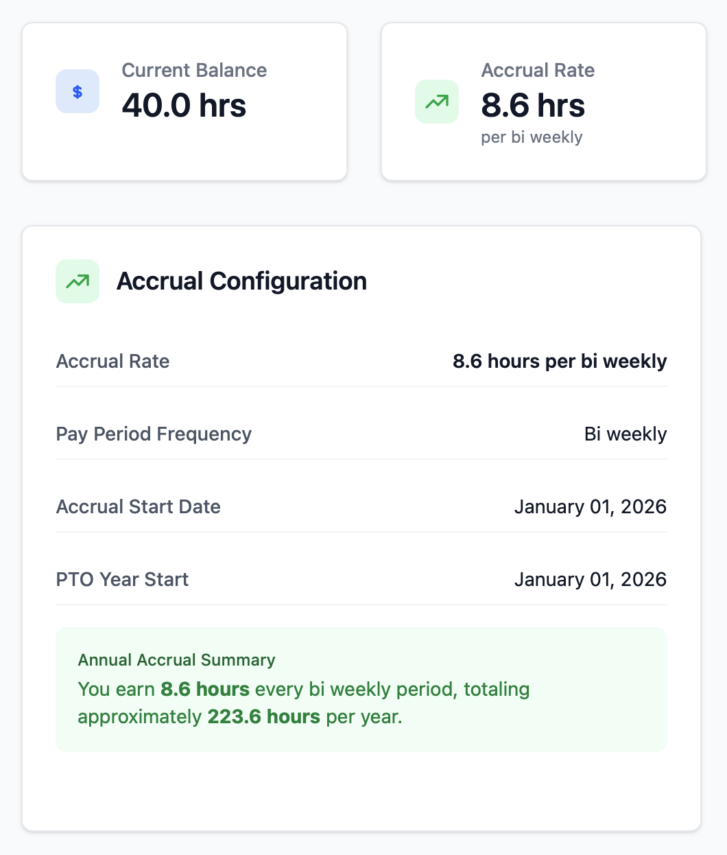 PTO policy configuration form showing accrual settings
